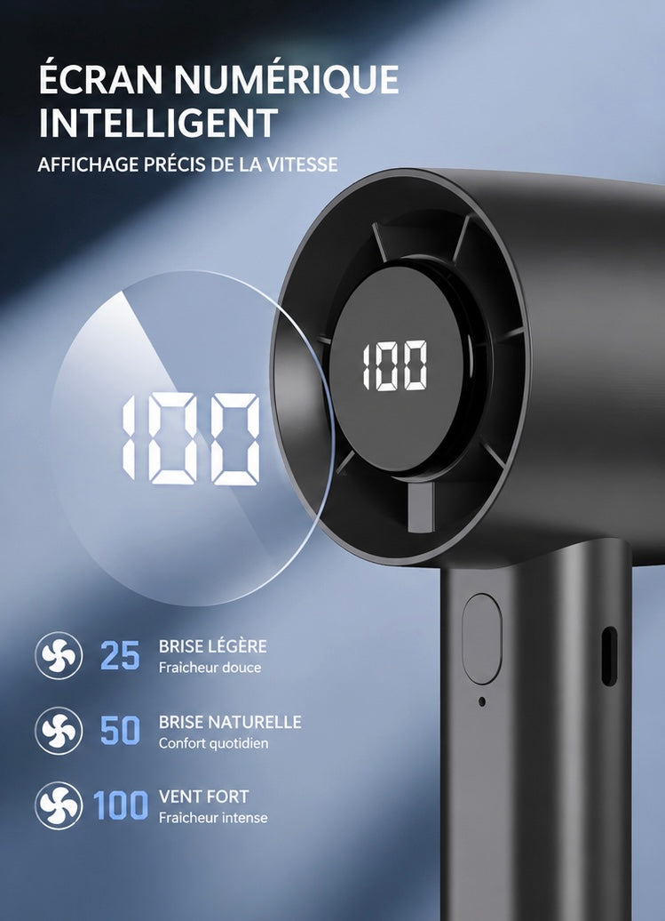 Mini ventilateur portable à main avec écran LED, refroidissement semi-conducteur, 100 vitesses, batterie rechargeable USB, ventilateur pour extérieur