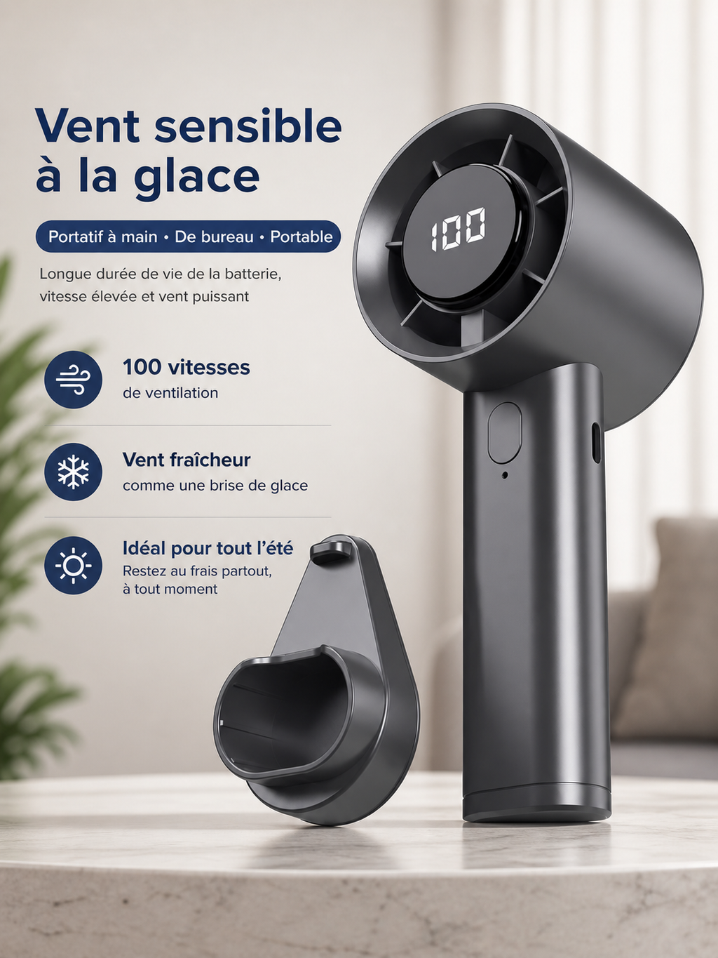 Mini ventilateur portable à main avec écran LED, refroidissement semi-conducteur, 100 vitesses, batterie rechargeable USB, ventilateur pour extérieur