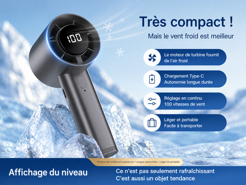 Mini ventilateur portable à main avec écran LED, refroidissement semi-conducteur, 100 vitesses, batterie rechargeable USB, ventilateur pour extérieur