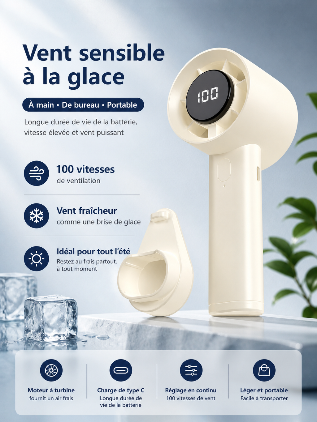 Mini ventilateur portable à main avec écran LED, refroidissement semi-conducteur, 100 vitesses, batterie rechargeable USB, ventilateur pour extérieur